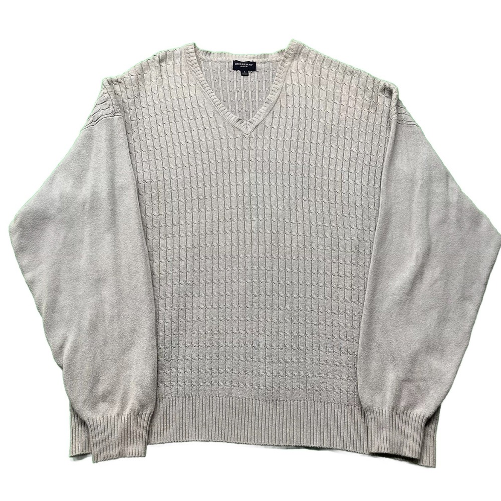 Burberry Cable Knit Sweater Mens‎ L Gray V-Neck Golf Pullover Vintage Y2K